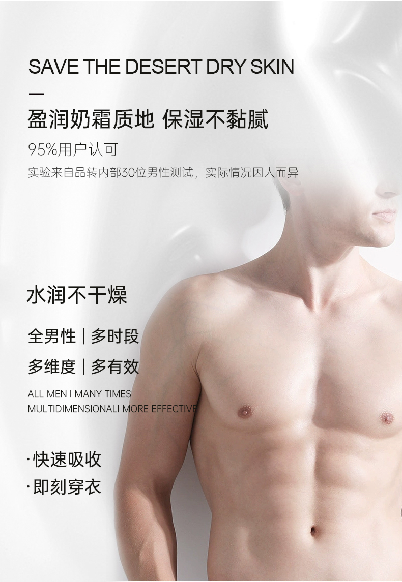 盈潤(rùn)奶霜質(zhì)地，保濕不粘膩，獲得95%用戶認(rèn)可，實(shí)驗(yàn)來自品轉(zhuǎn)內(nèi)部30位男性測(cè)試，實(shí)際情況因人而異